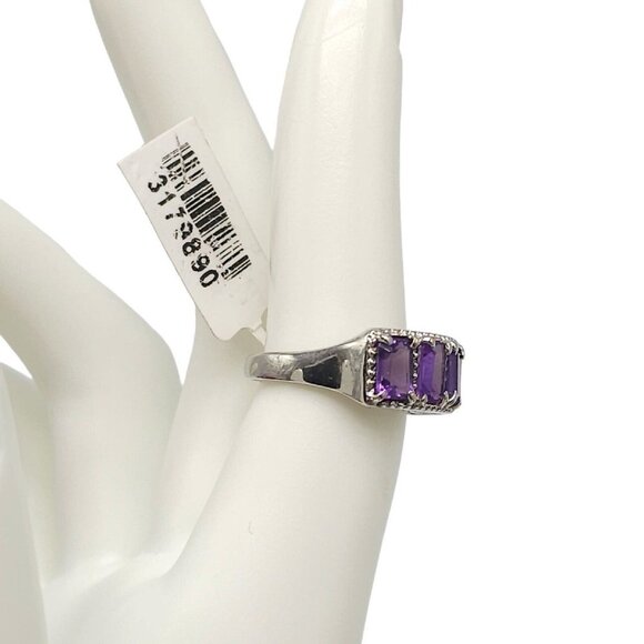 Purple Amethyst Filigree Panel Ring Silver Plated Size 6 Signed SB - Picture 5 of 7